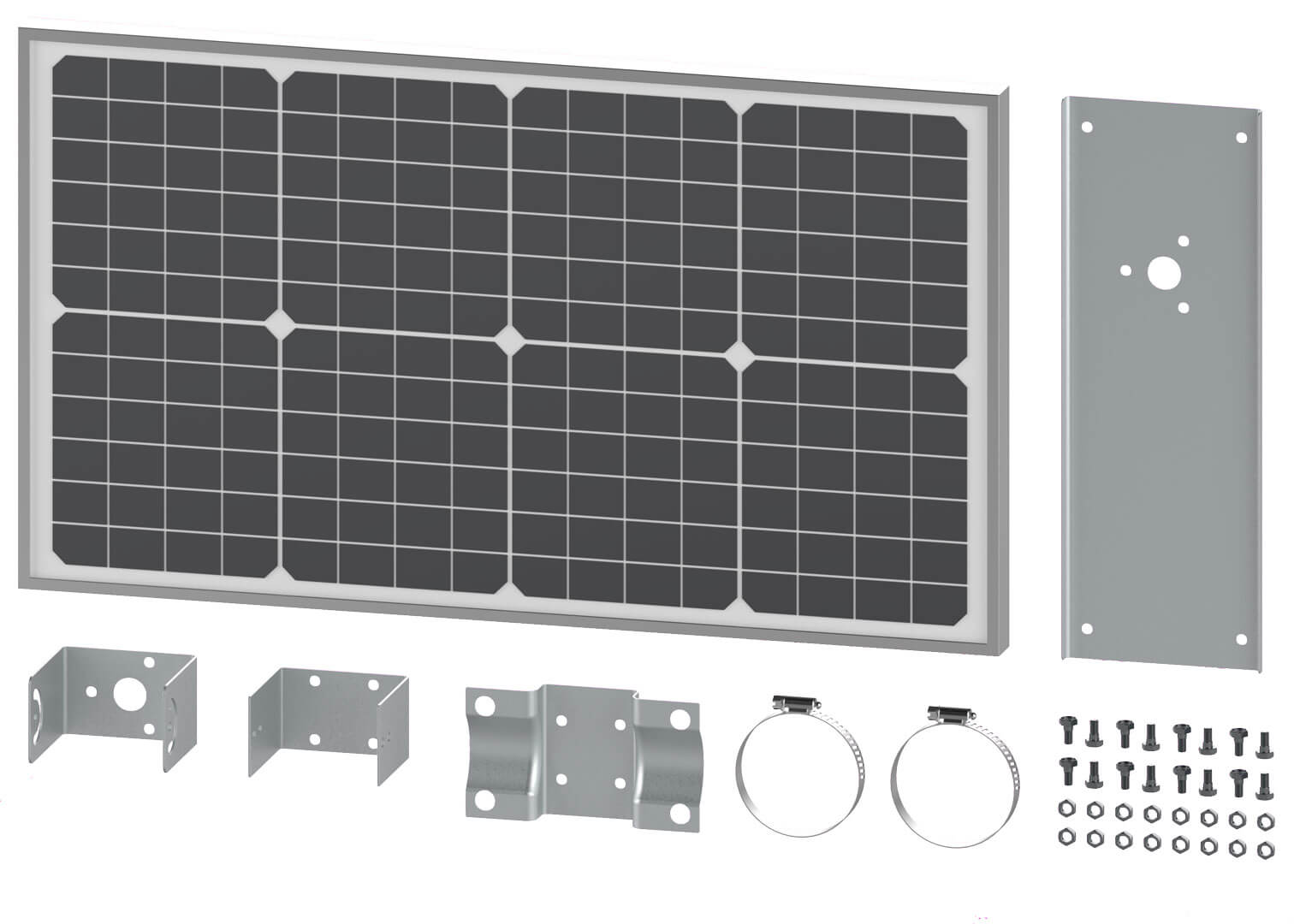 Illustration of parts and whats included in 30 Watt Monocrystalline Solar Panel Kit - AX30