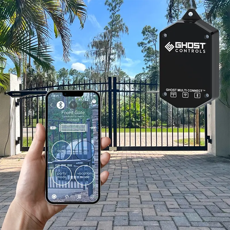 SMART Dual Decorative Gate opener Kit with MultiConnect showing ghost gate in background