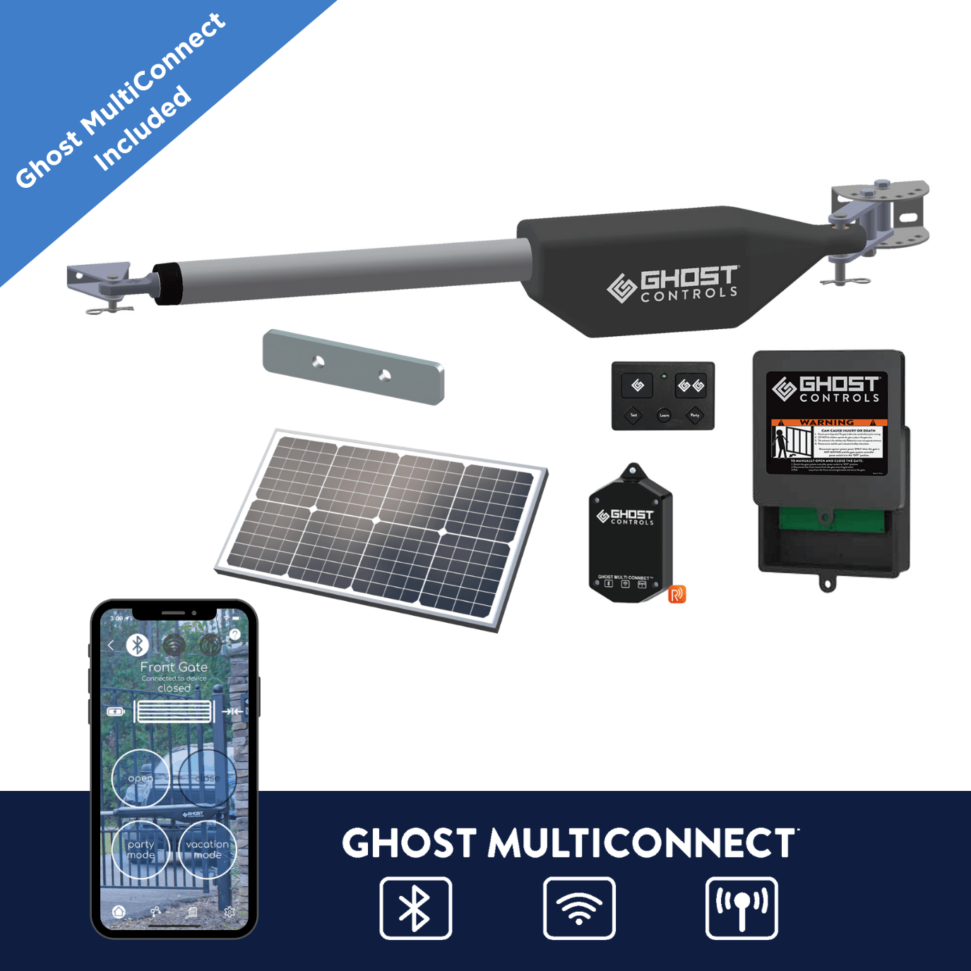 Ghost Controls garage door opener kit with solar panel, remote control, and smartphone app on a white background.