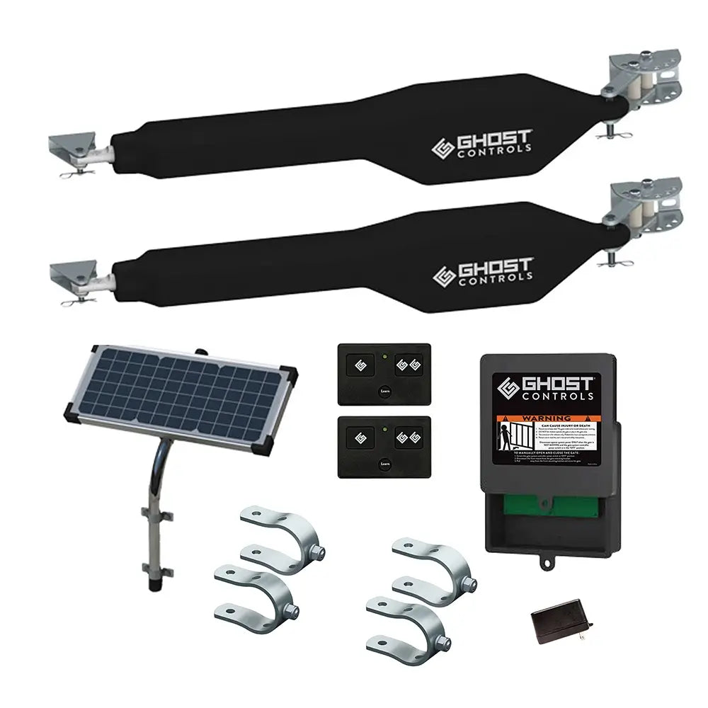 Ghost Controls TDS2XP Solar Dual Gate Opener Kit with Remotes, Solar Panel, Brackets, and Hardware