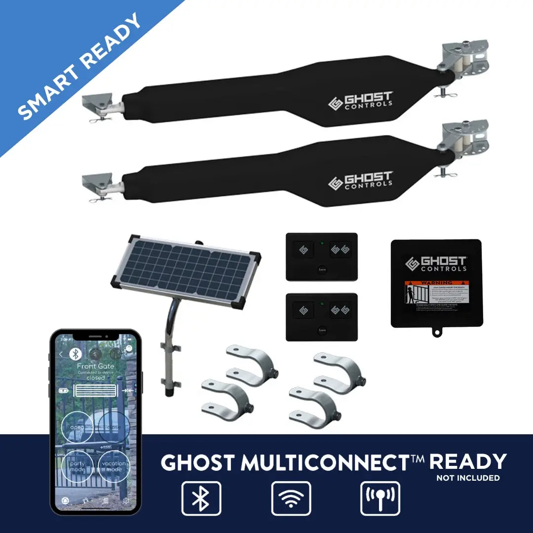 Ghost Controls TDS2XP Solar Dual Gate Opener Kit with Remotes, Solar Panel, Brackets, and Hardware