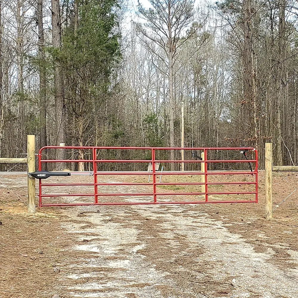 Heavy Duty Single Automatic Gate Opener kit on a red round tube gate